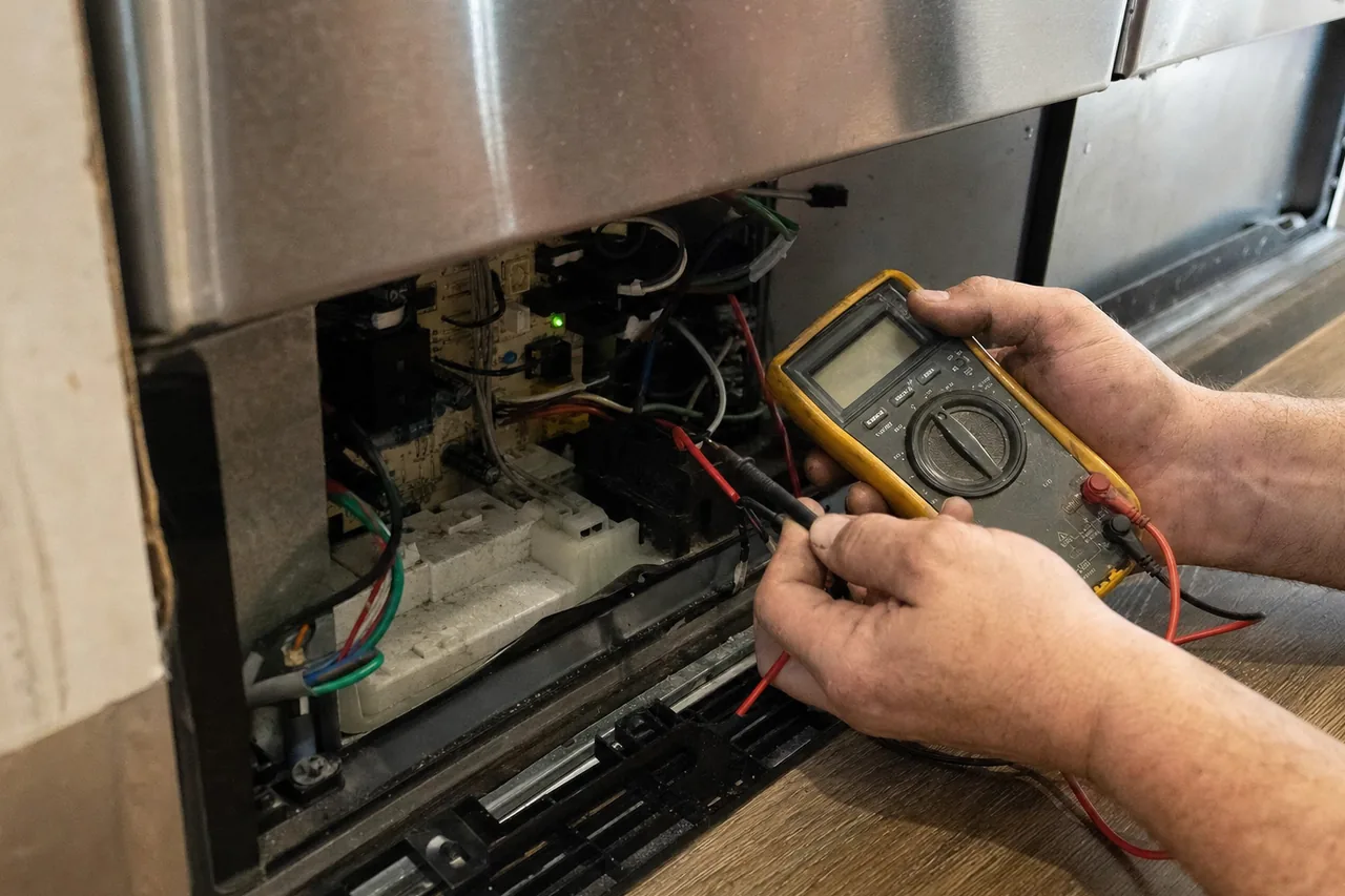 Close view of test leads on a circuit board and terminal block behind an appliance kick panel