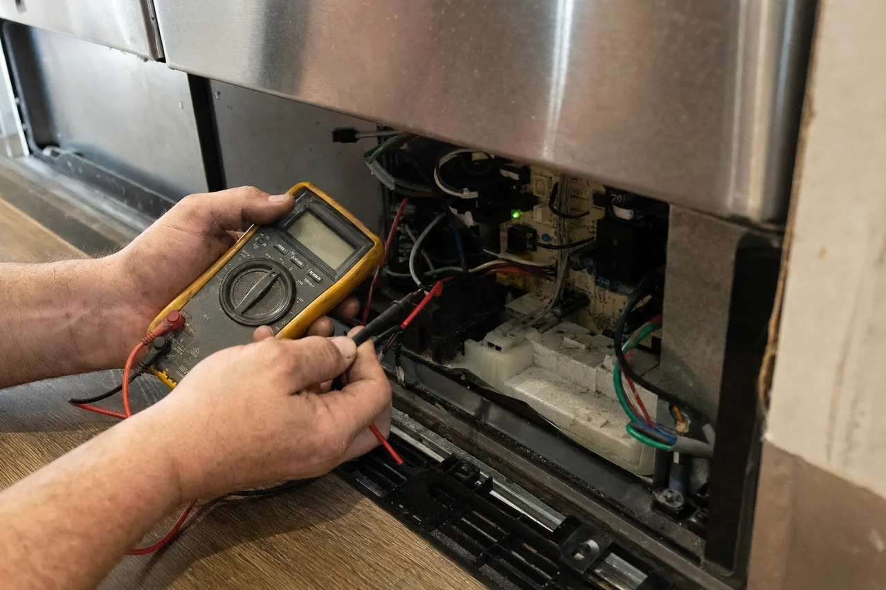 Mirrored view of hands with a meter at the open base of a built-in appliance, wiring and relays visible