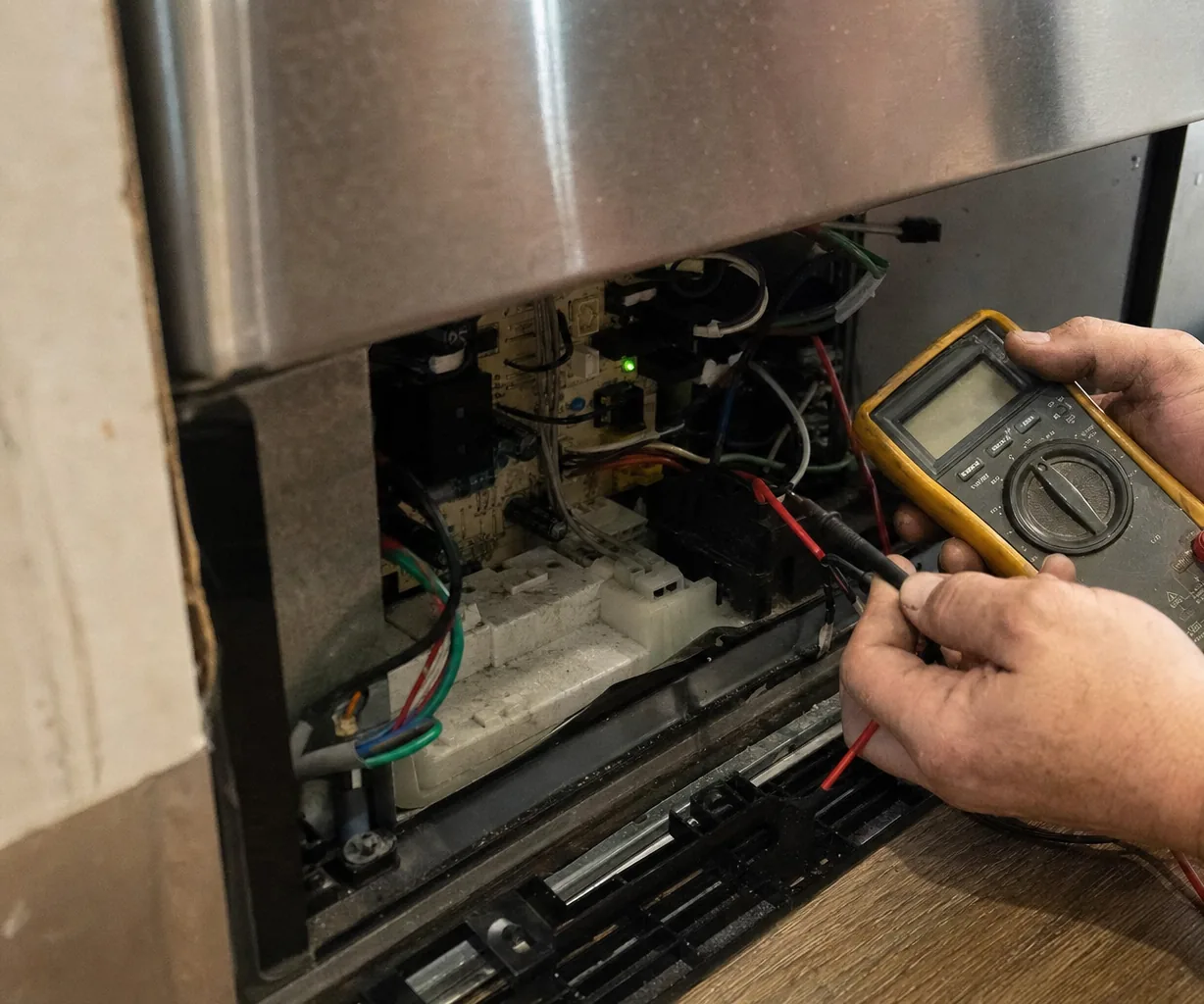 Left-hand view of an opened appliance base showing the control board, connectors and coloured wiring