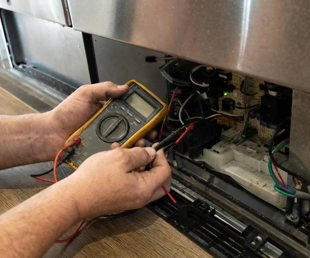 Mirrored close view of a technician's hands steadying test probes on an appliance wiring block