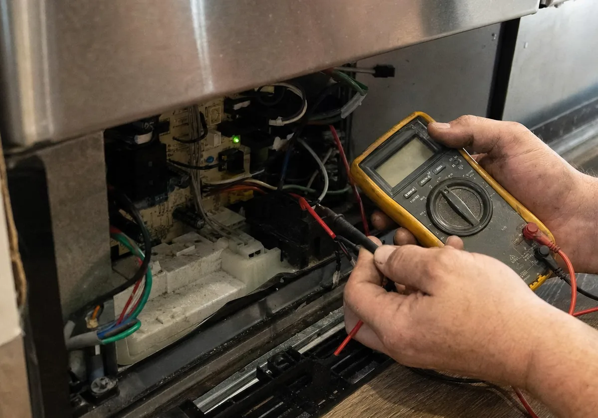 Centre crop of a multimeter reading being taken at an exposed appliance control board