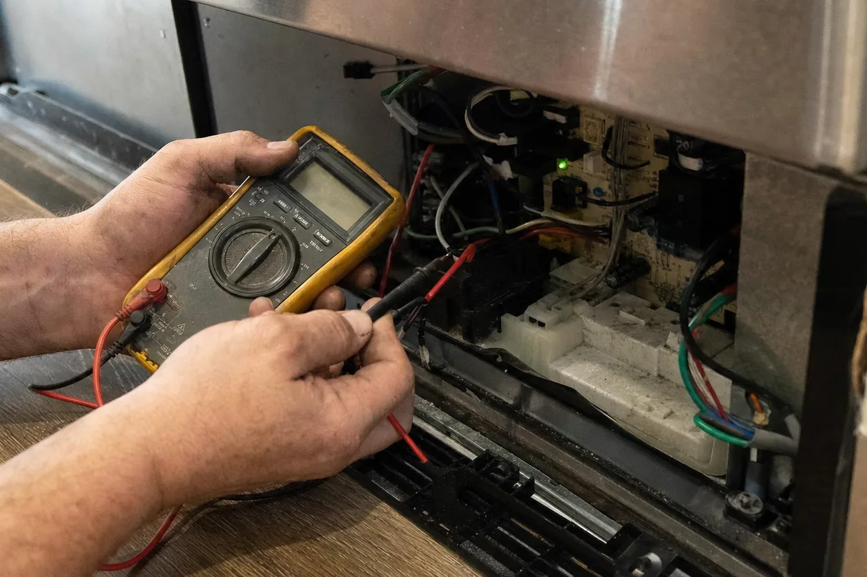 Angled crop of a meter and probes at the exposed electronics behind an appliance toe panel