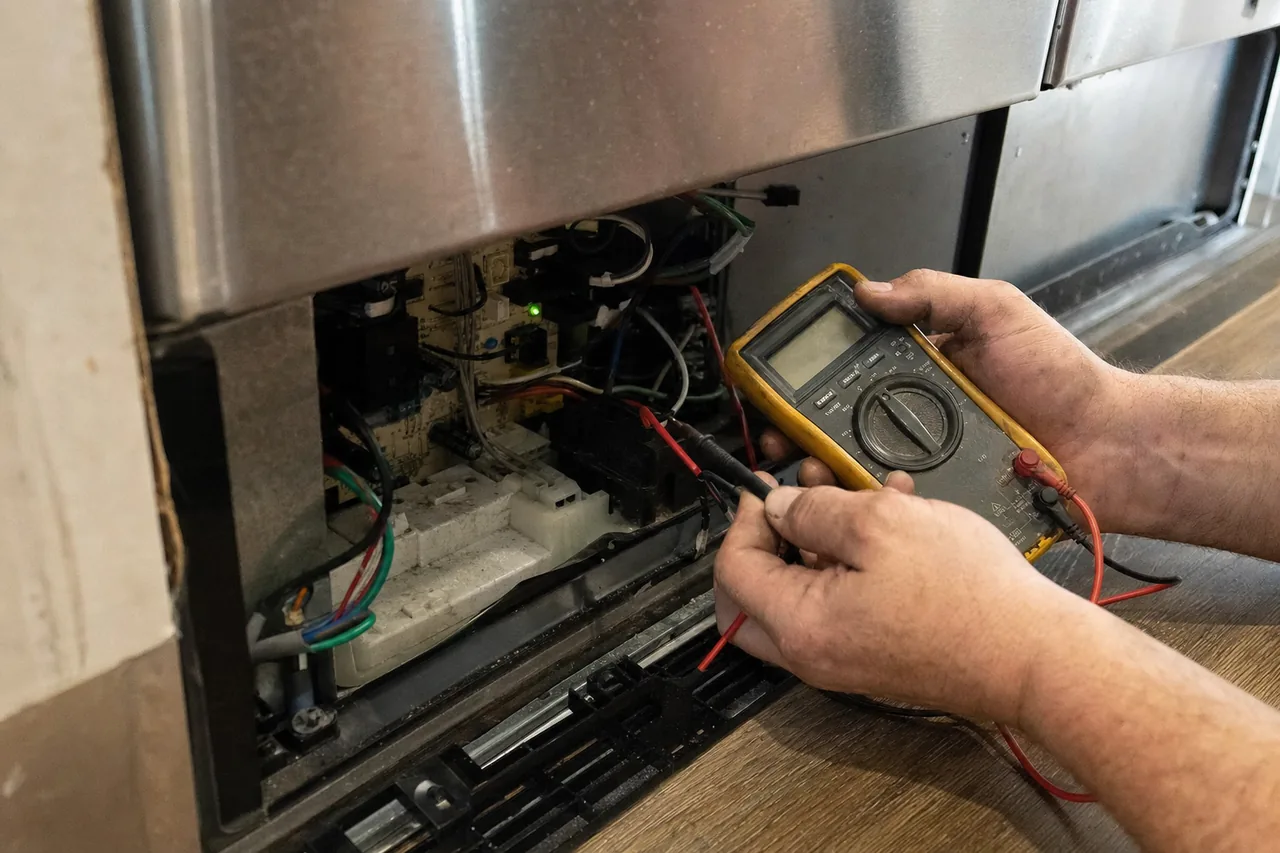 Two hands holding a yellow multimeter and a probe against the exposed control board and wiring behind the removed lower panel of a built-in appliance