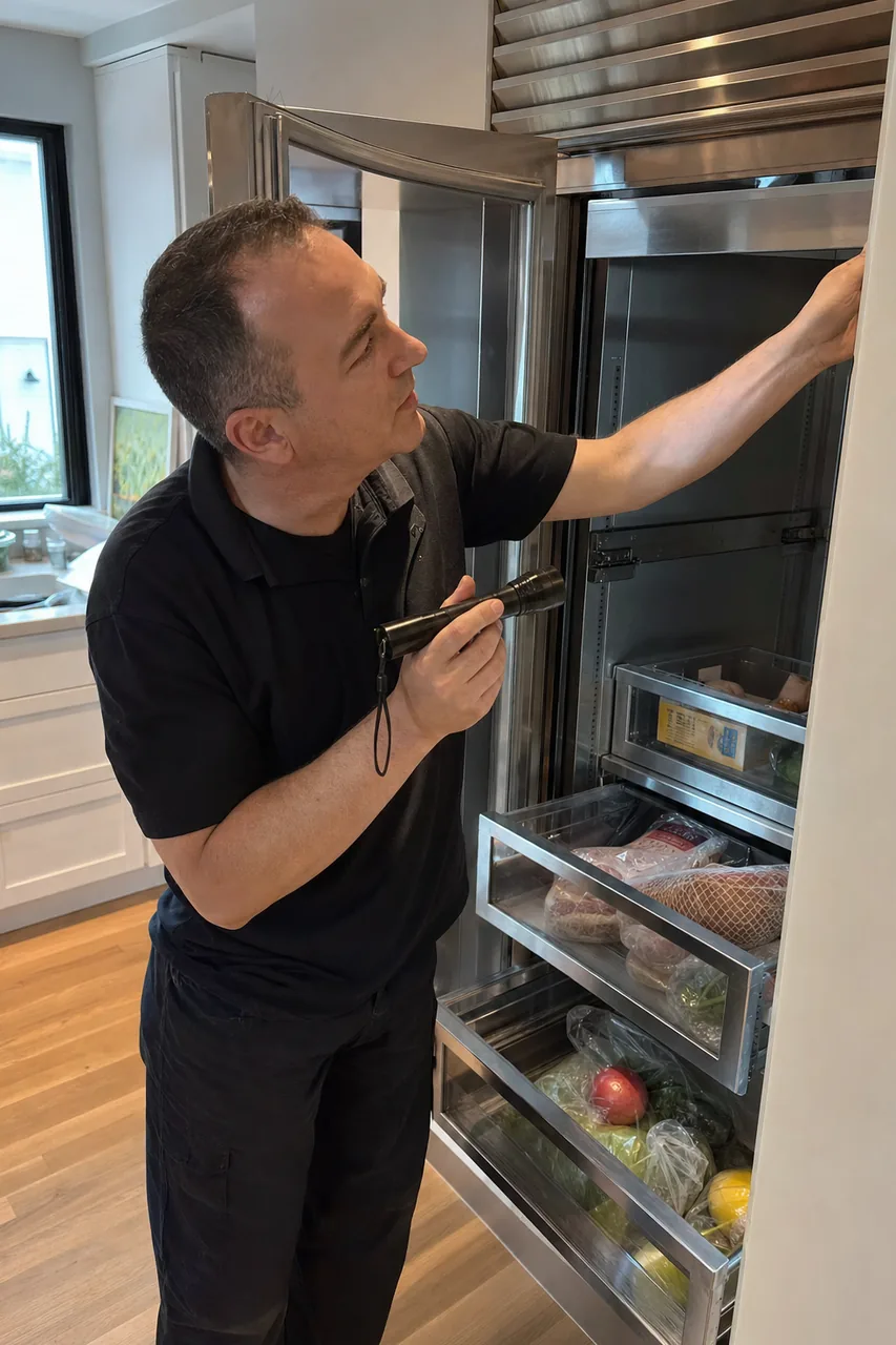 Close view of a technician checking temperatures at the upper shelves of an open built-in refrigerator