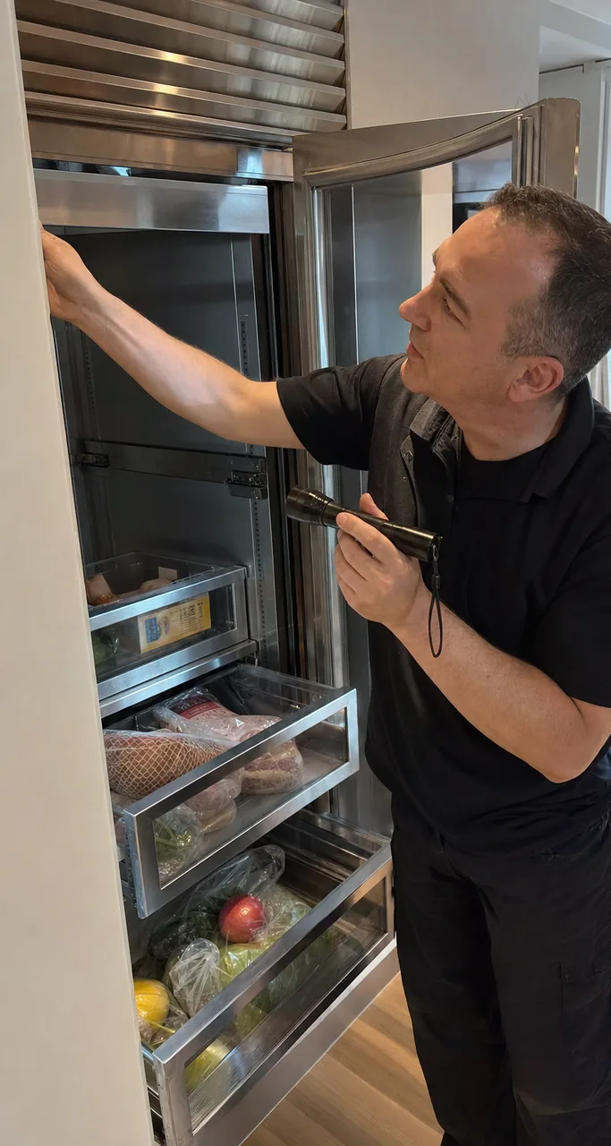 Mirrored kitchen view of an open stainless refrigerator with pull-out drawers and a technician at the door