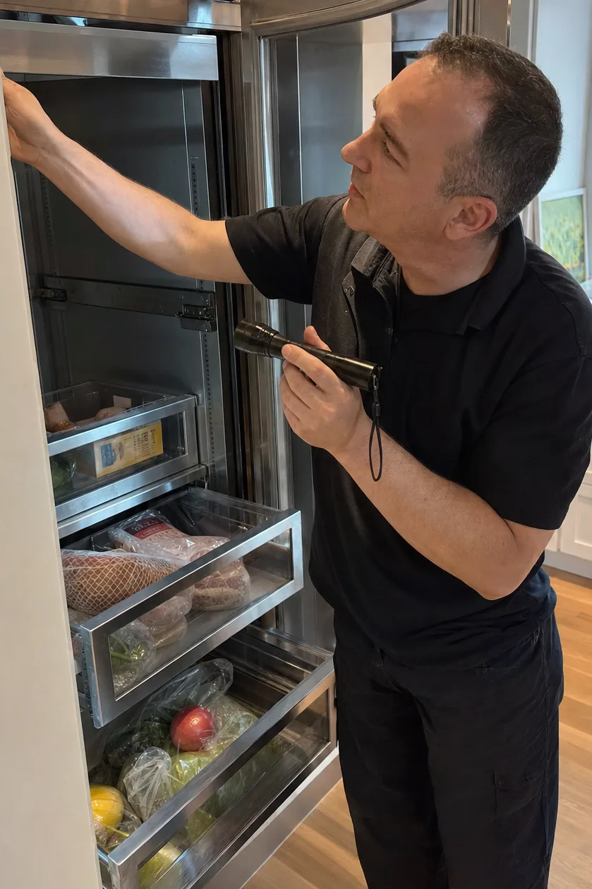 Off-centre view of an open refrigerator column, its drawers stocked, with a kitchen window and worktop behind