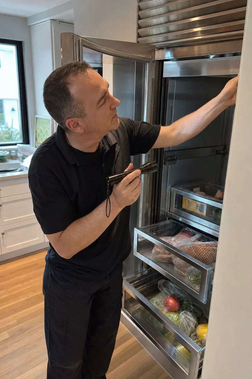 A technician holding a probe at the open door of a tall stainless built-in refrigerator, its glass-fronted drawers full of food, in a bright kitchen