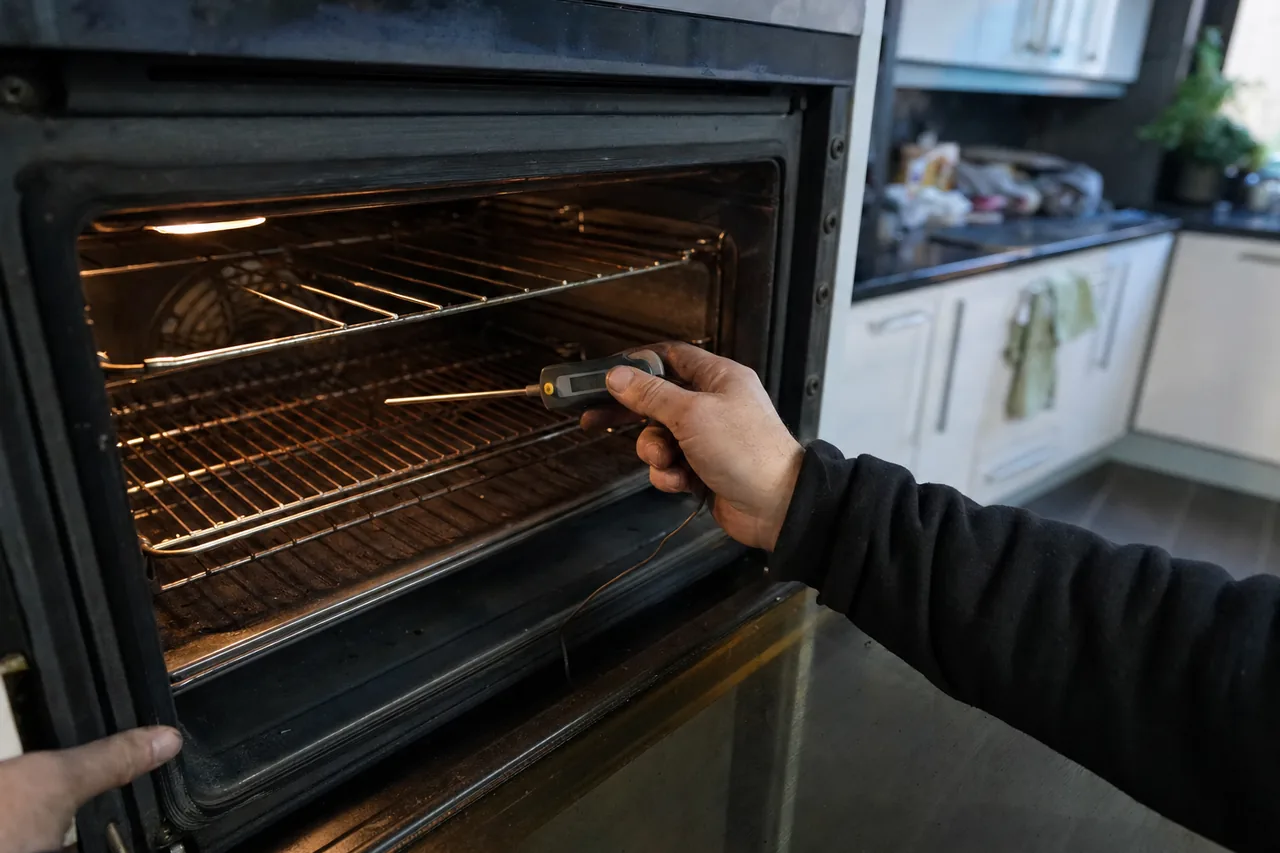 Close view of a temperature probe positioned inside a stainless oven cavity with the racks in place