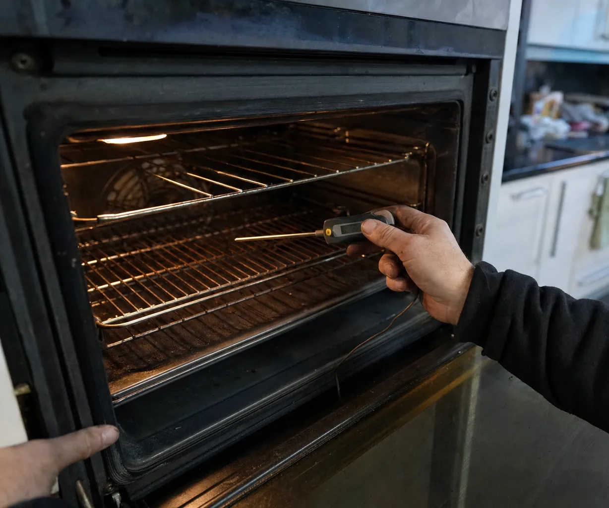 Left-hand view of an open oven cavity with a hand-held probe on the rack and a kitchen worktop beyond