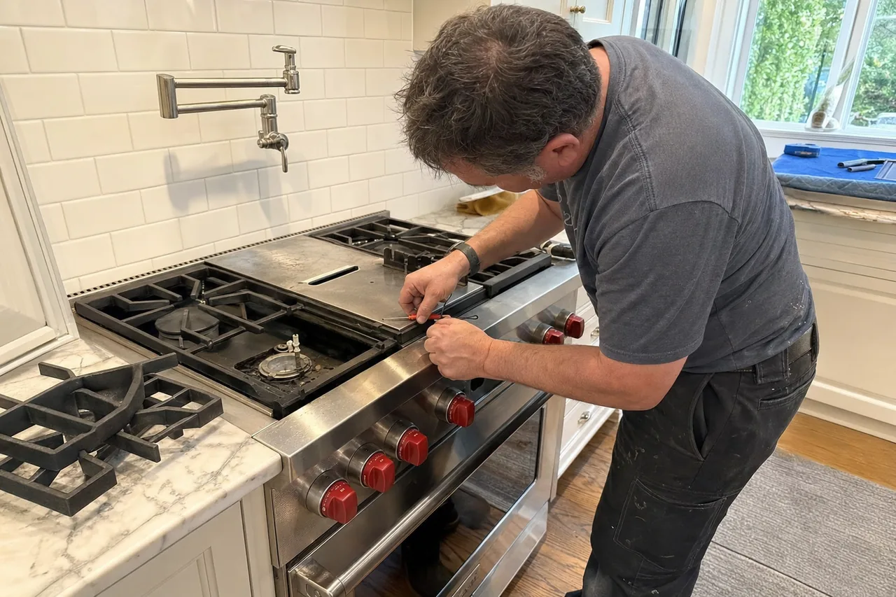 Mirrored view of a technician working at a pro-style range in a white kitchen with marble worktops