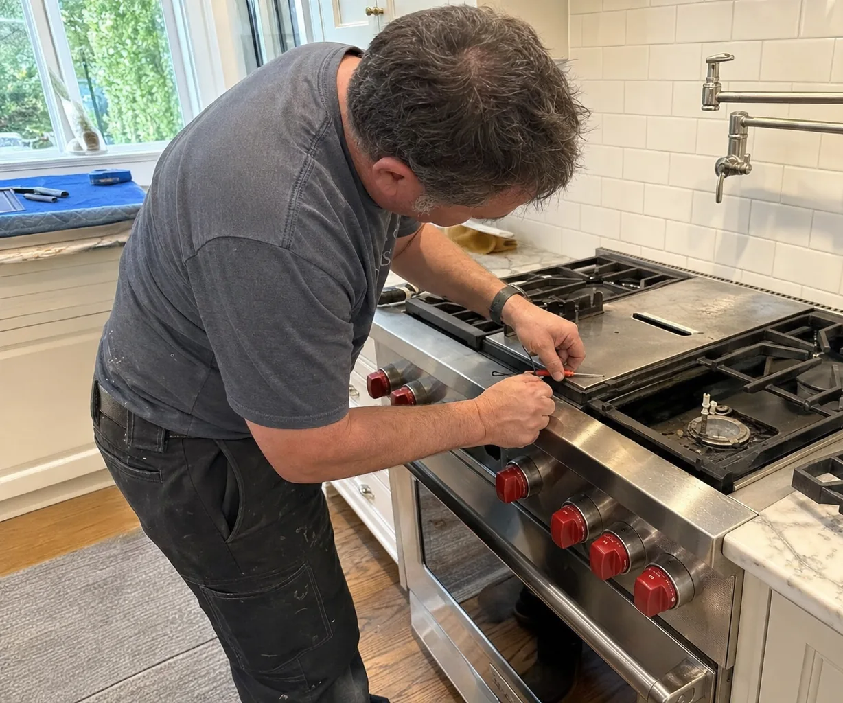 Left-side view of a technician at a stainless range with the control knobs in a row and a pot filler on the tiled wall behind