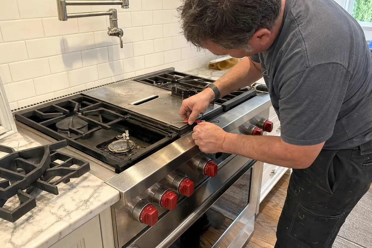 Angled crop of a professional range being opened for service, its panel loosened and the burner tops exposed