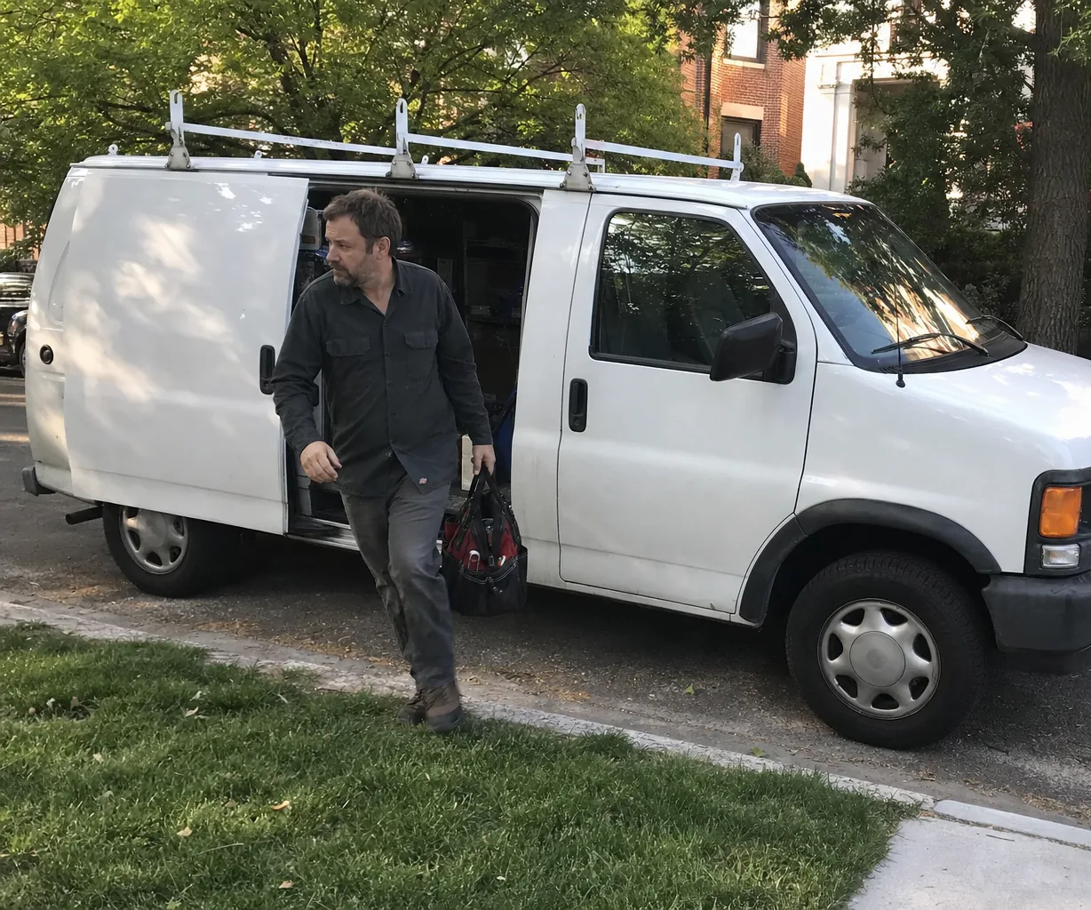 Left-side view of a service van at the kerb on a tree-lined street with a technician getting out