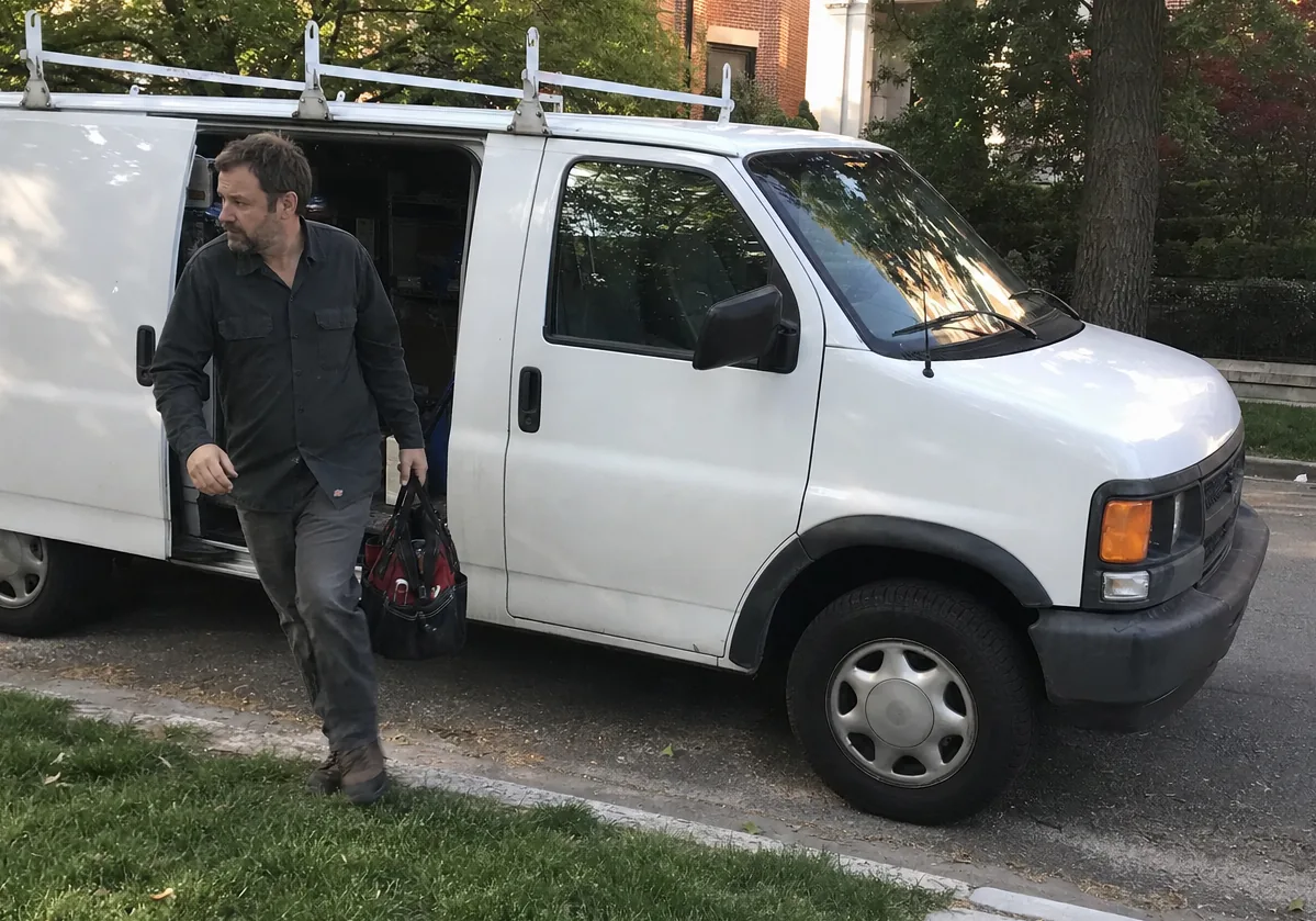 Close view of a technician in work clothes stepping out of a van loaded with parts and cases