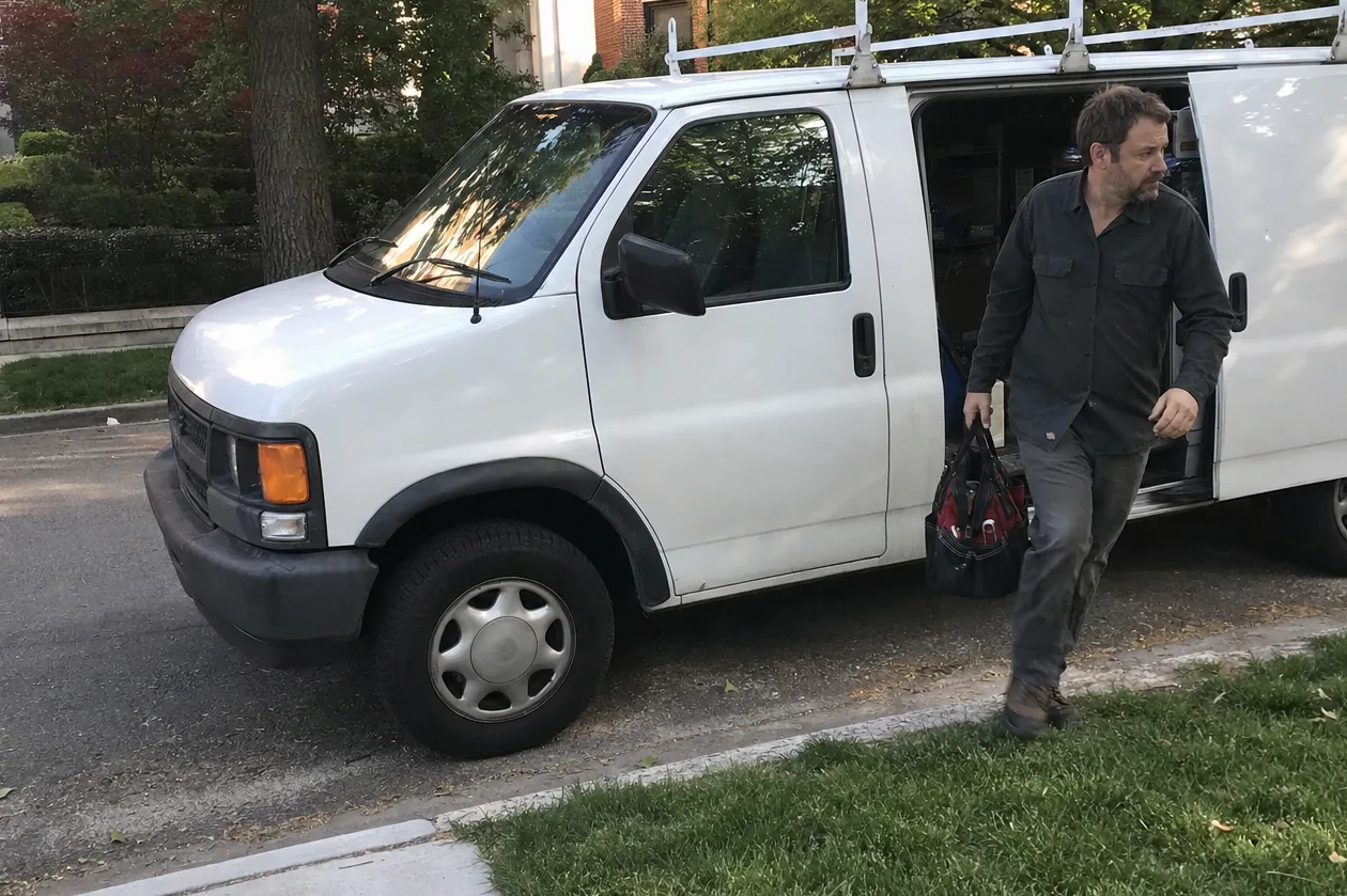 Angled crop of a technician leaving a white van with a soft tool bag, houses and parked cars behind