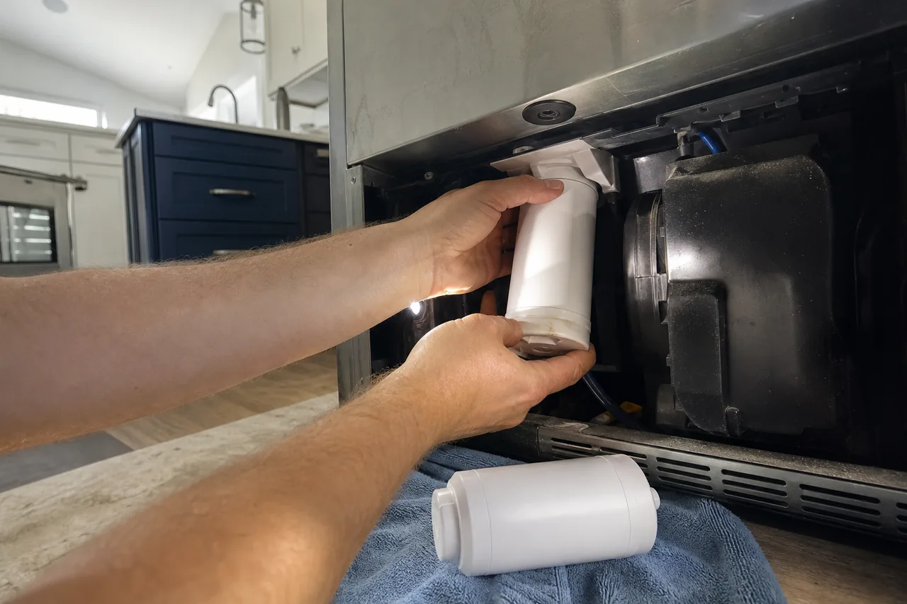 Two hands easing a white filter cartridge from its housing beneath a stainless appliance, a spare cartridge resting on a blue towel beside the floor grille